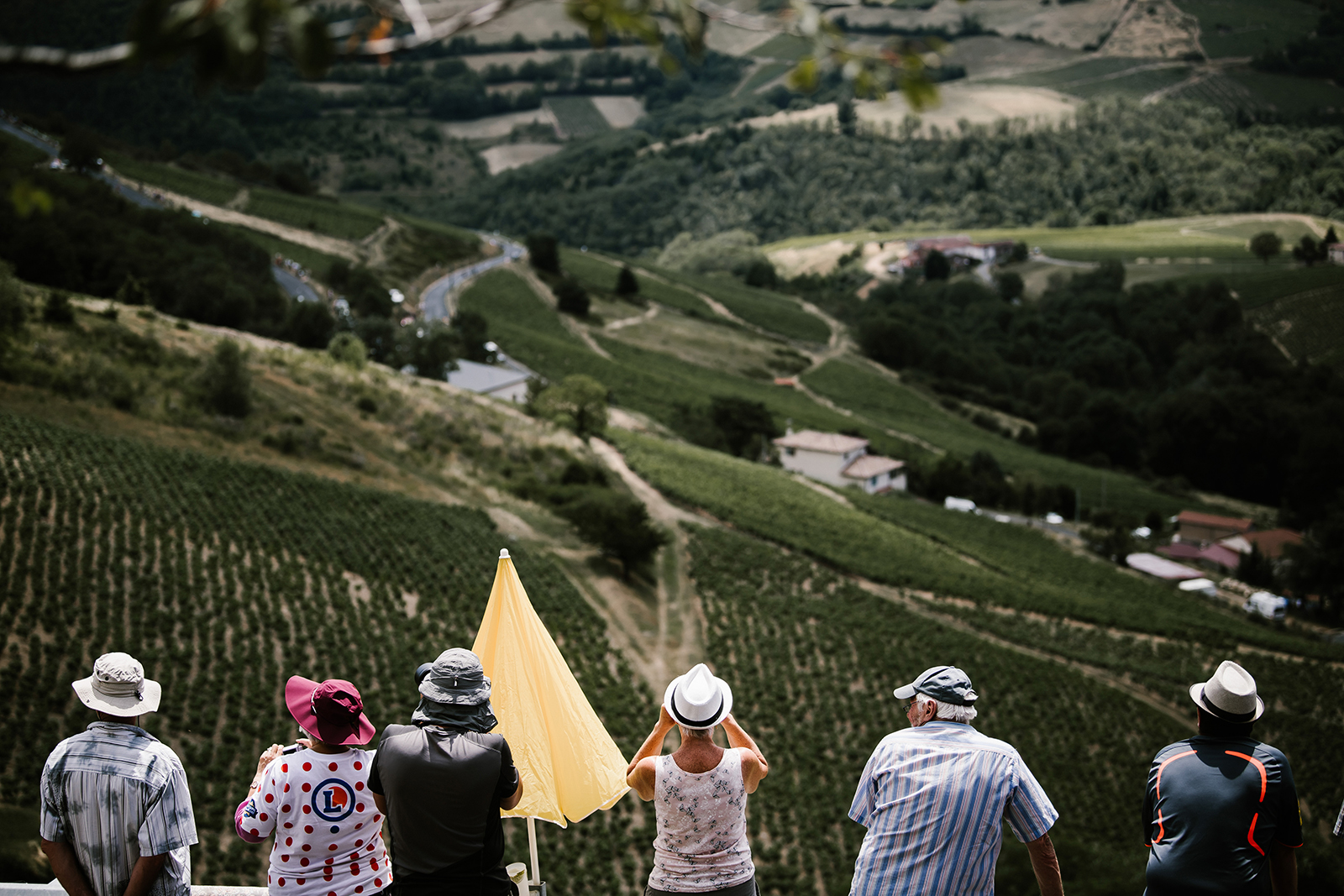 Tour de France fans gather on a hilltop to watch the race