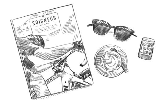 Cyclist's magazine, coffee and wahoo garmin illustration